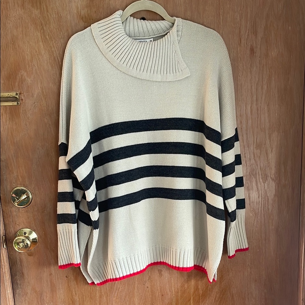 Cream and Black Fold Over Sweater with Nautical Stripes